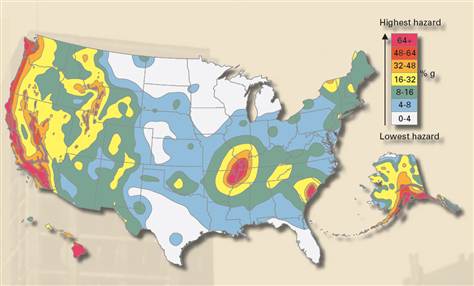 Based on 2008 data, a map of earthquake damage risk in the United States. The highest risk areas are purple, red and orange.